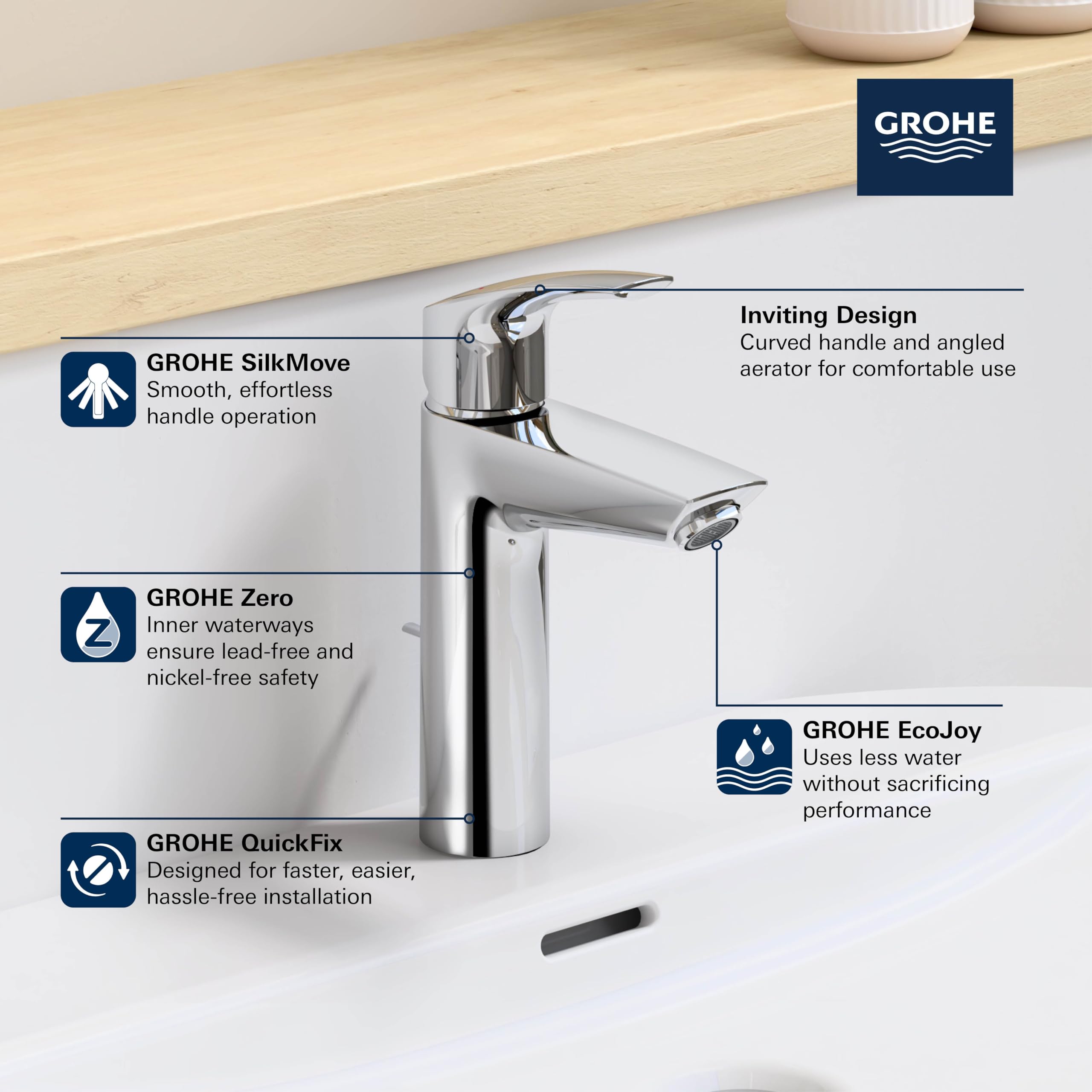 GROHE 23990003 Eurosmart, Single Hole Single-Handle M-Size Bathroom Faucet 1.2 GPM, Chrome - Image 3