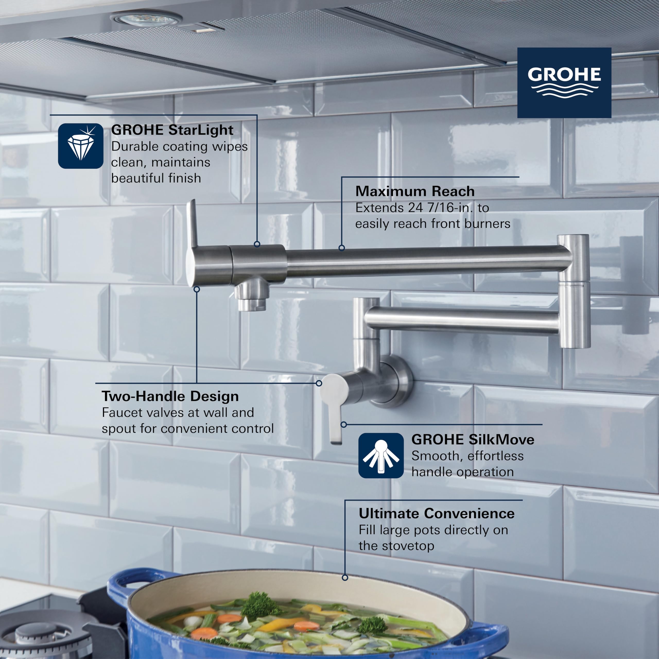 GROHE 31075DC2 Zedra 2-Handle Wall Mount Pot Filler Kitchen Faucet, Super Steel - Image 3