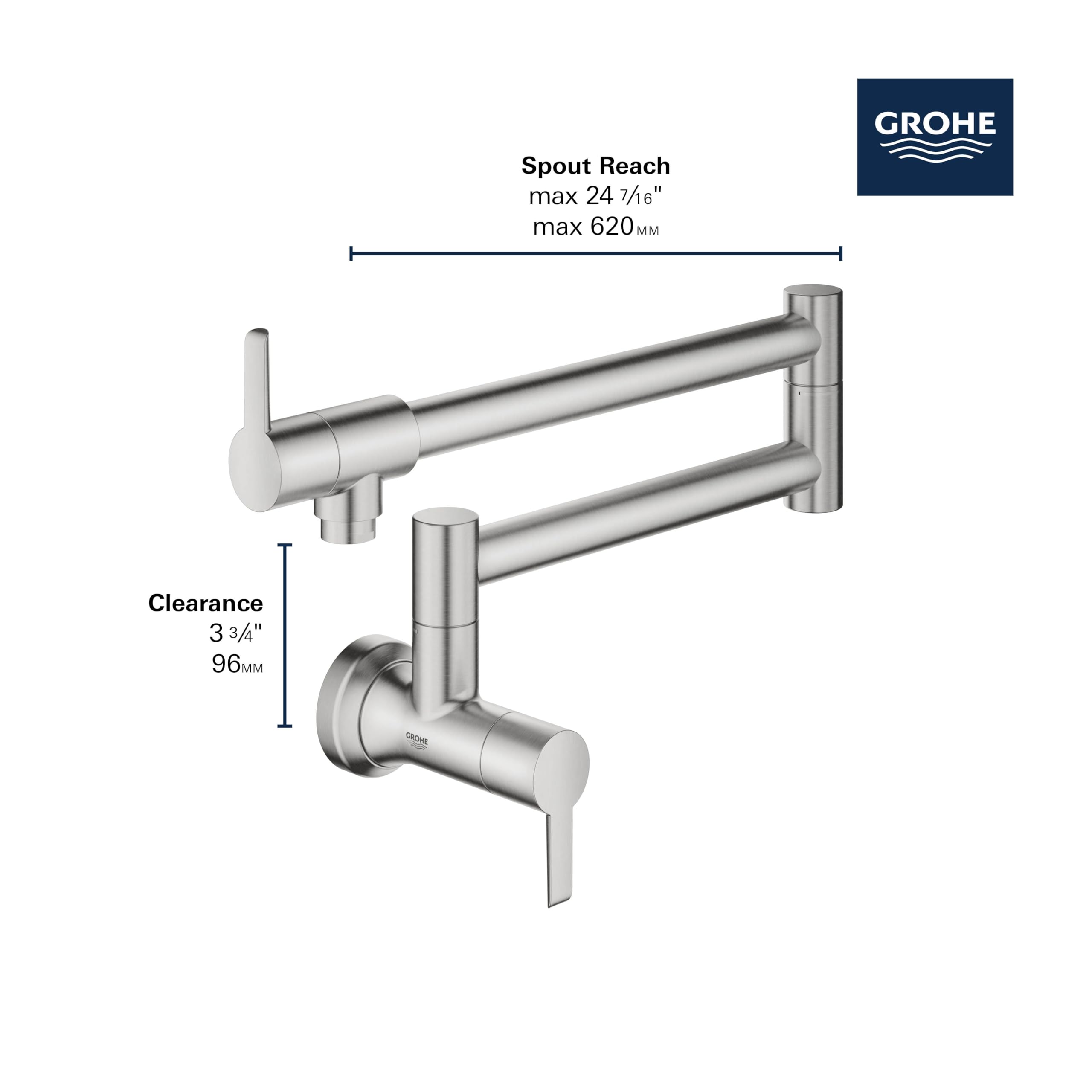 GROHE 31075DC2 Zedra 2-Handle Wall Mount Pot Filler Kitchen Faucet, Super Steel - Image 6