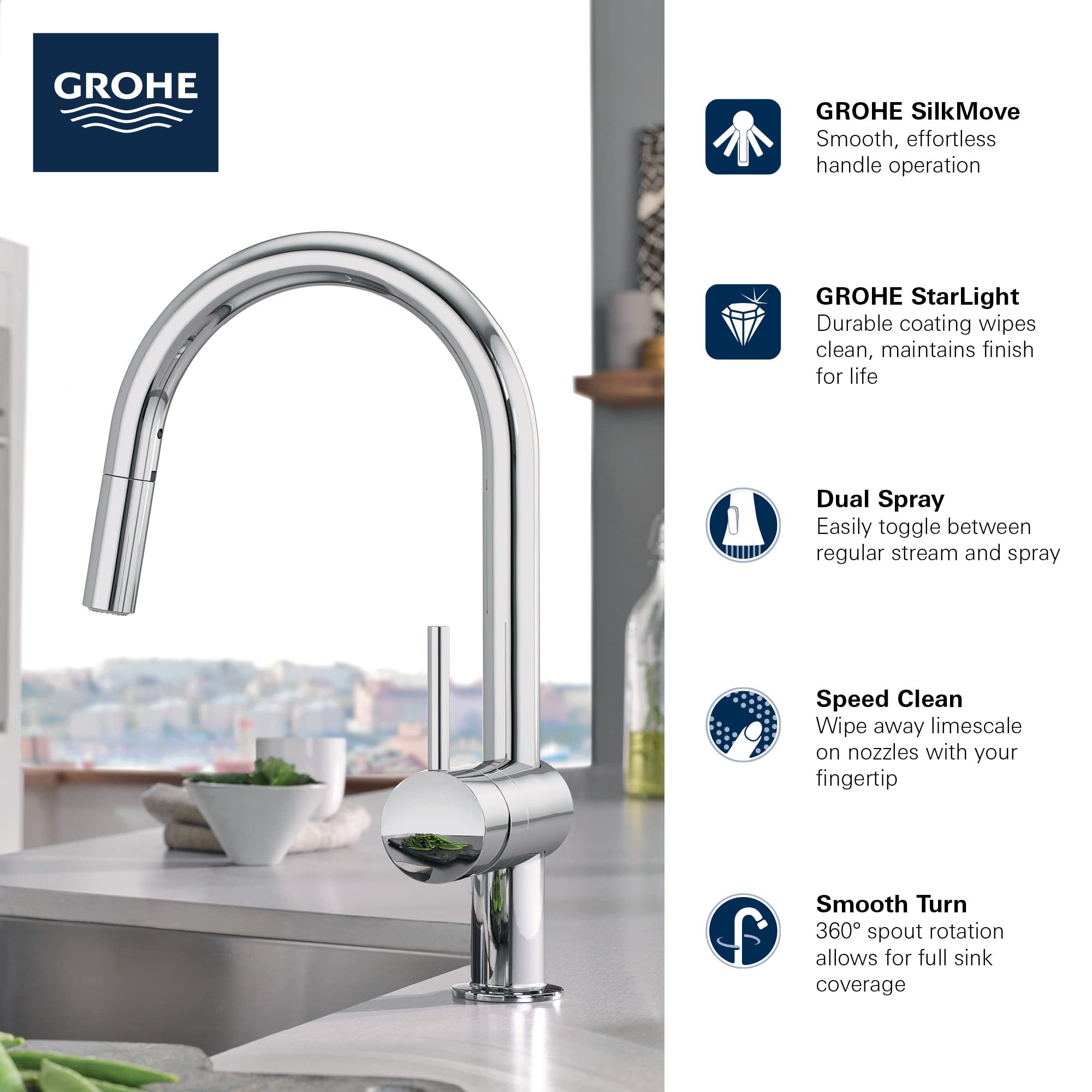 GROHE 31378DC3 Minta Pull-Out Kitchen Faucet with Sprayer Supersteel (Stainless Steel) - Image 3