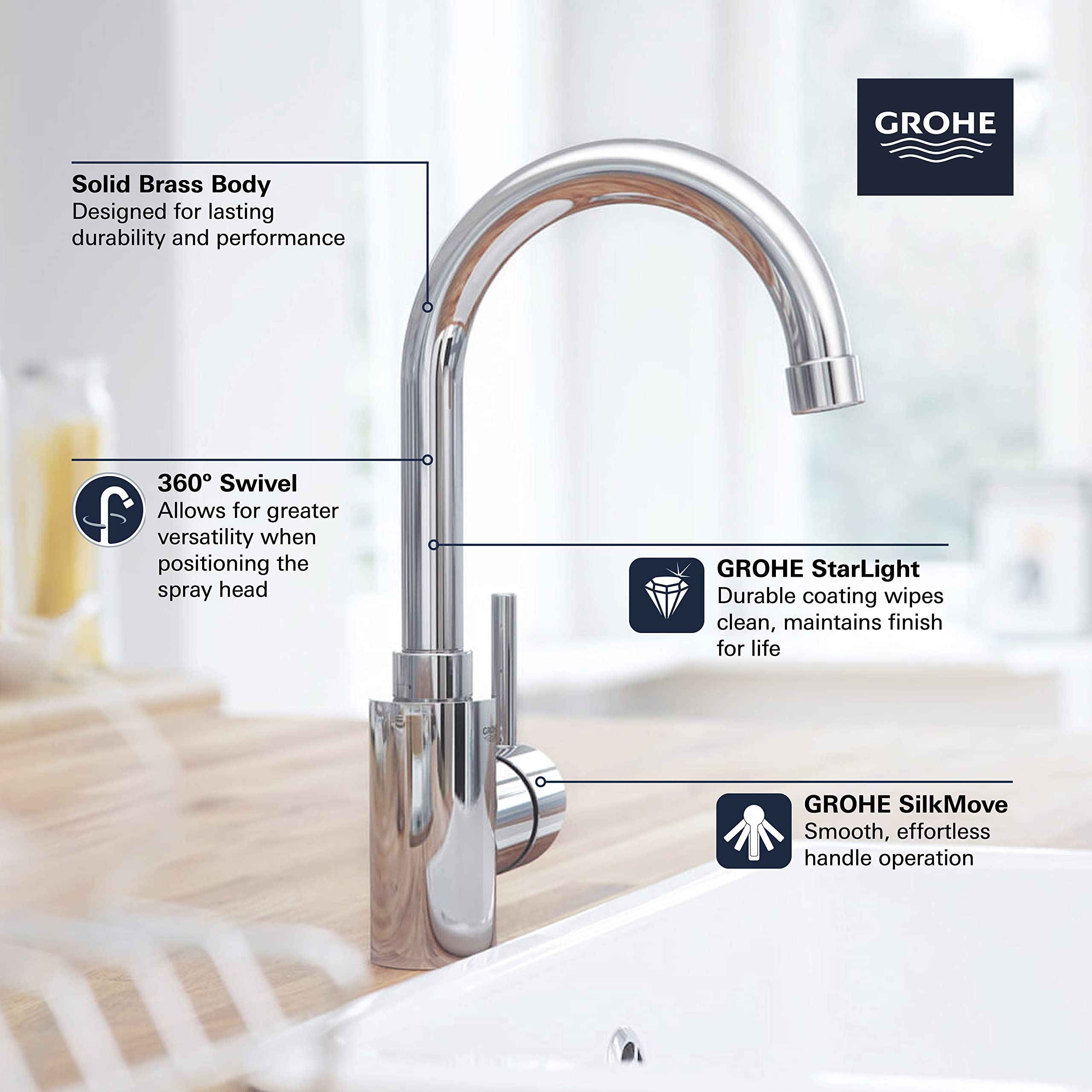 Grohe 31518000 Concetto Single-Handle Bar Kitchen Faucet, Starlight Chrome - Image 4