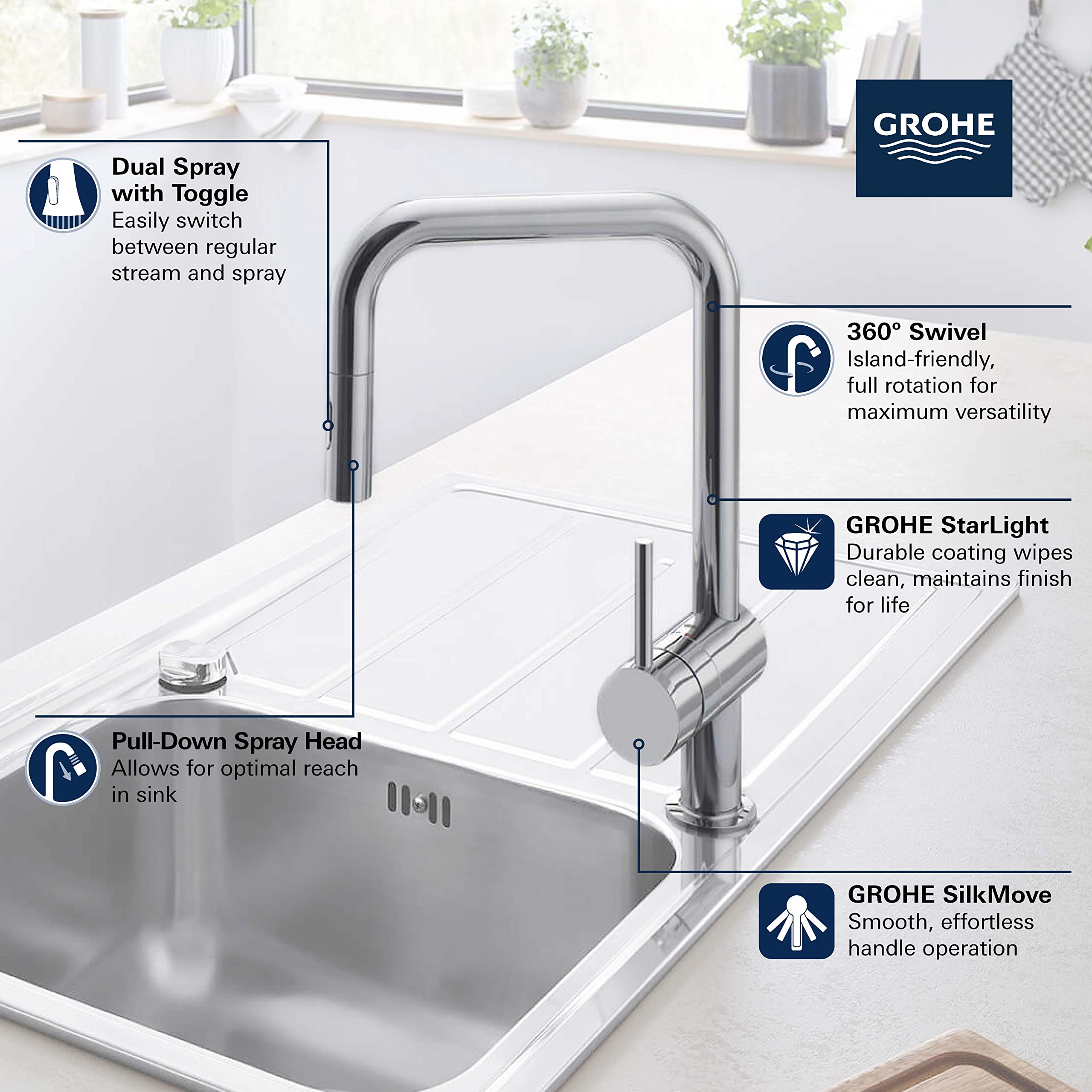 GROHE 32319003 Minta Pull-Down U Kitchen Faucet Chrome - Image 3