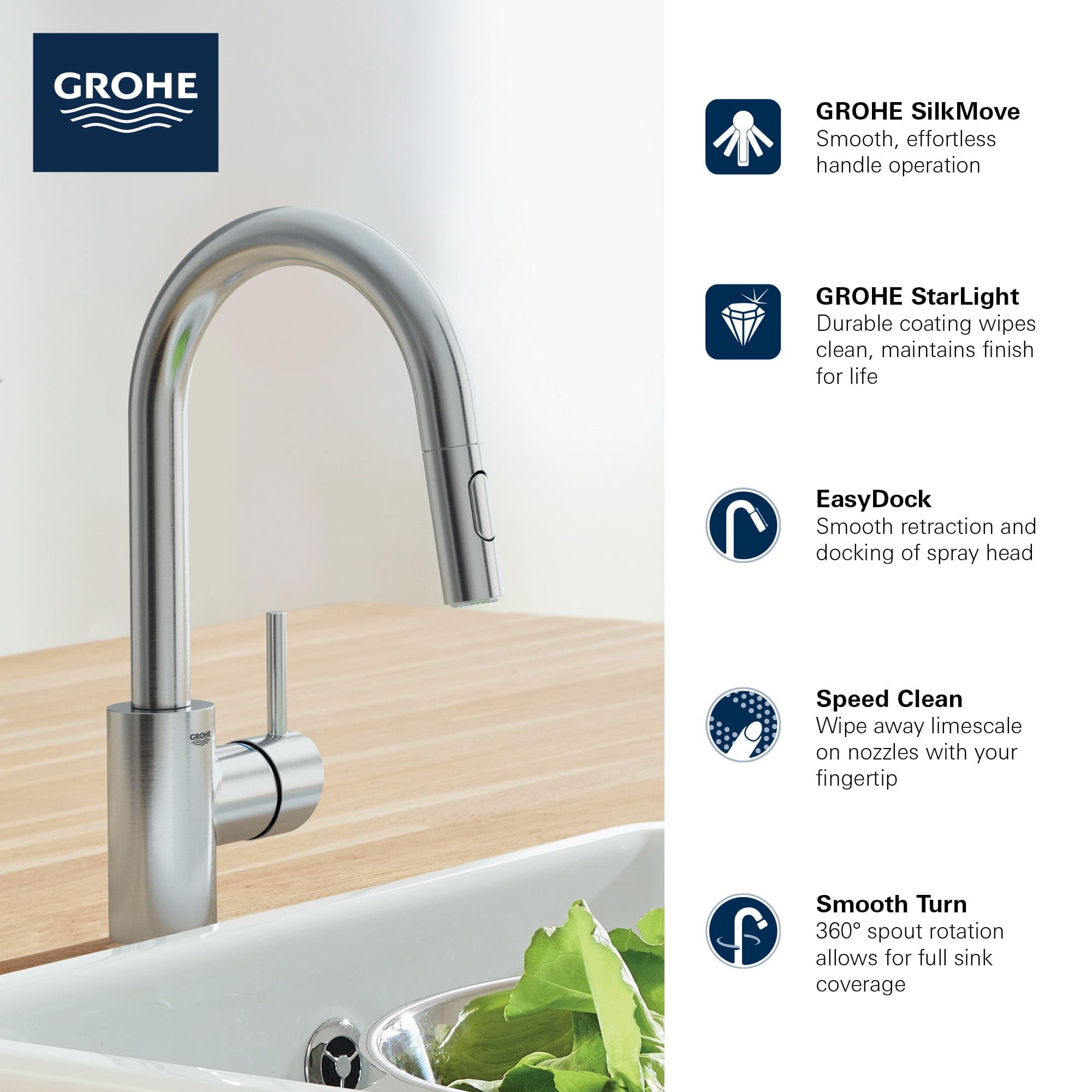 GROHE 32665003 Concetto Pull-Down Kitchen Faucet with Sprayer, 1.75 GPM, Chrome - Image 3