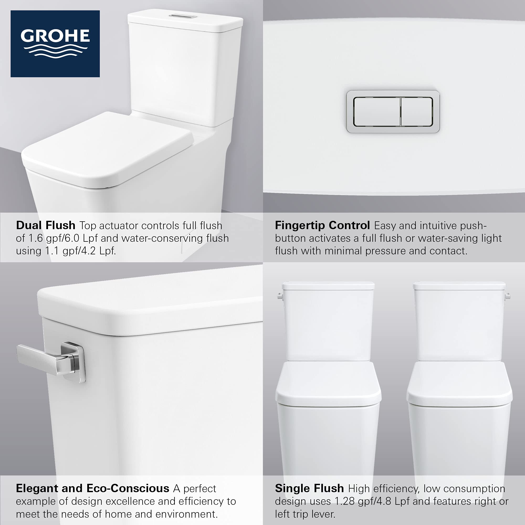 GROHE 39663000 Eurocube Two-Piece Height Elongated Toilet with seat, Right-Hand Trip Lever, Alpine White - Image 3
