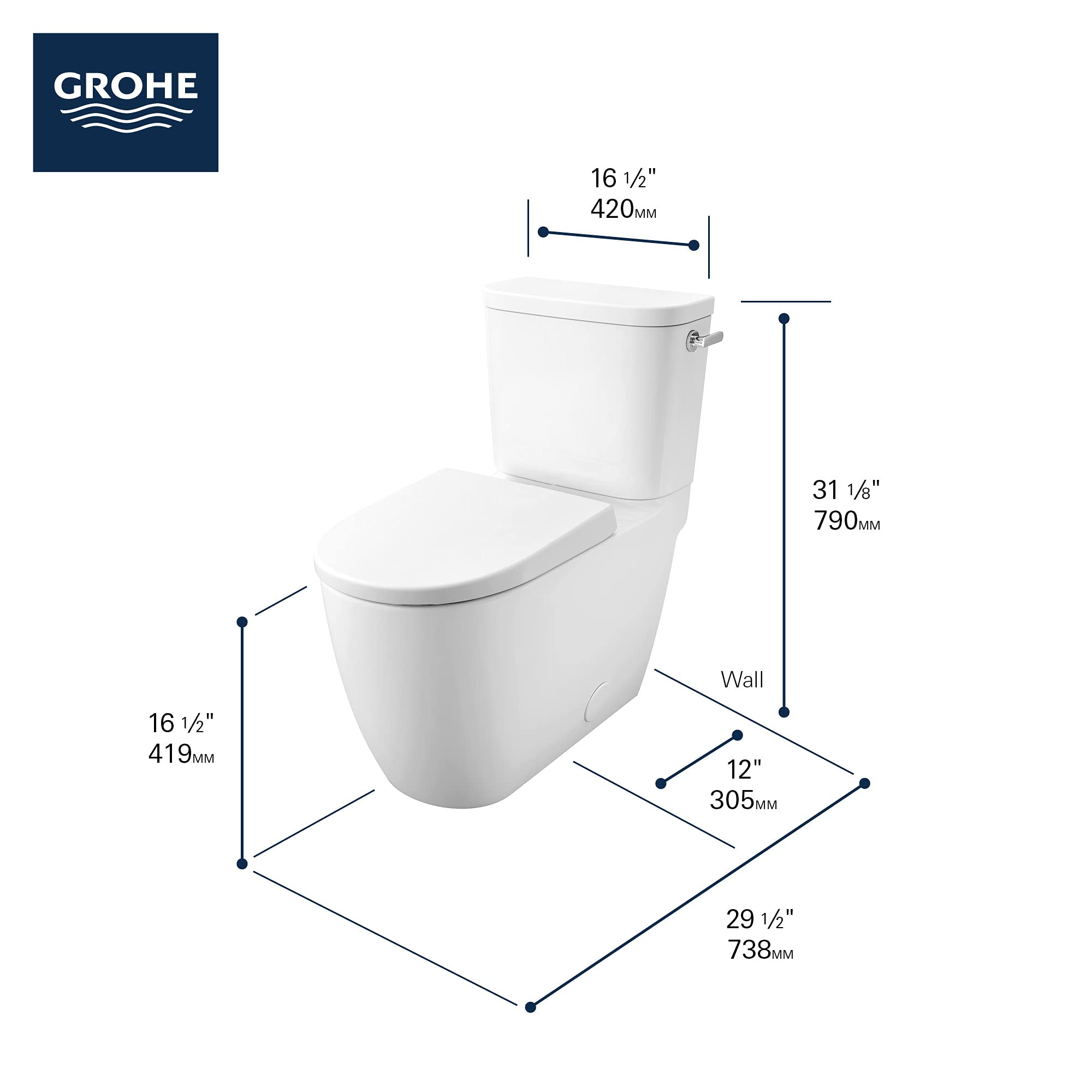 GROHE 39676000 Essence Two-Piece Height Elongated Toilet with seat, Right-Hand Trip Lever, Alpine White - Image 5